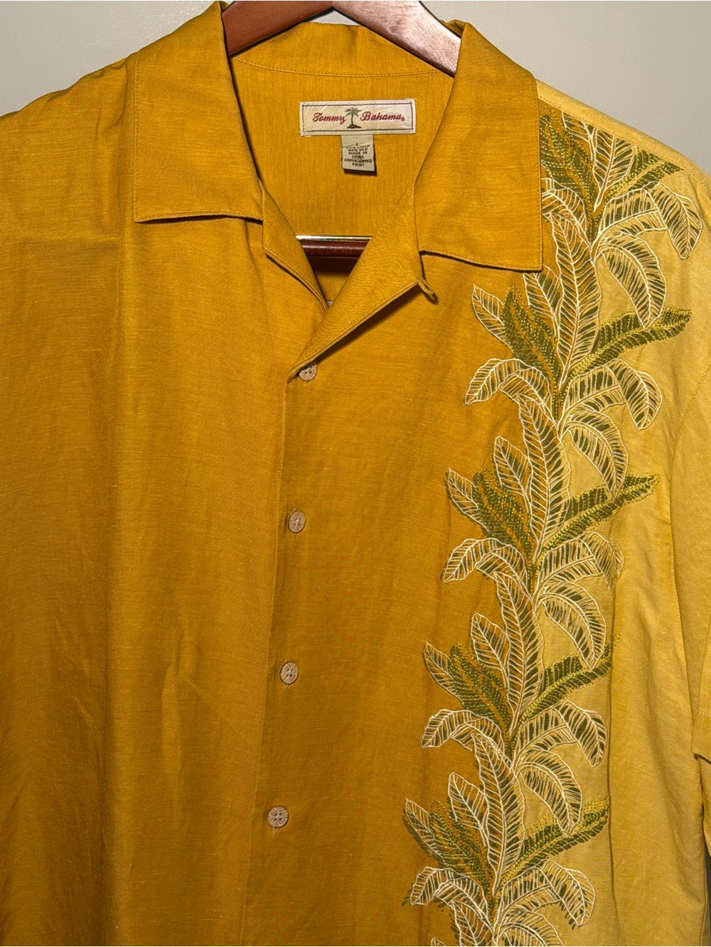 Tommy Bahama Mustard Button-Down Camp Shirt with Green Embroidered Leaf Panel